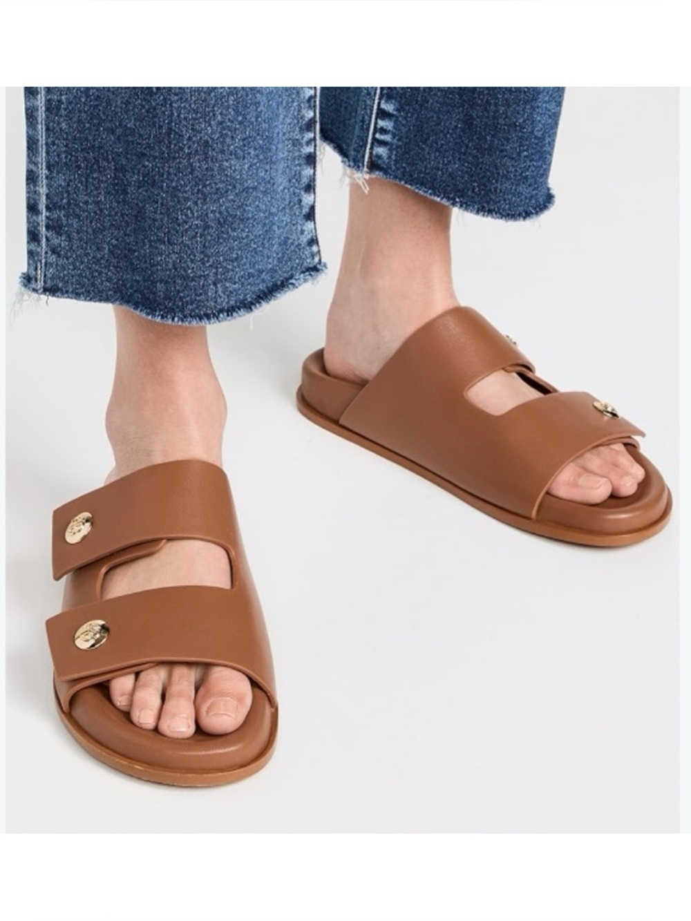 Anime Bing Ella Camel Leather Button Slide Sandals 39